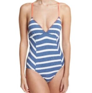 NWT Splendid Blue White Striped One Piece Swimsuit Small Open Back